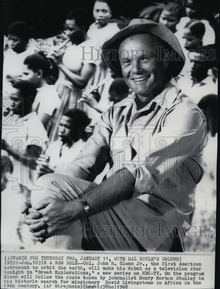 1968 Press Photo John H. Glenn Jr. posing in NBC-TV&#39;s &quot;Great Explorations&quot; - Historic Images