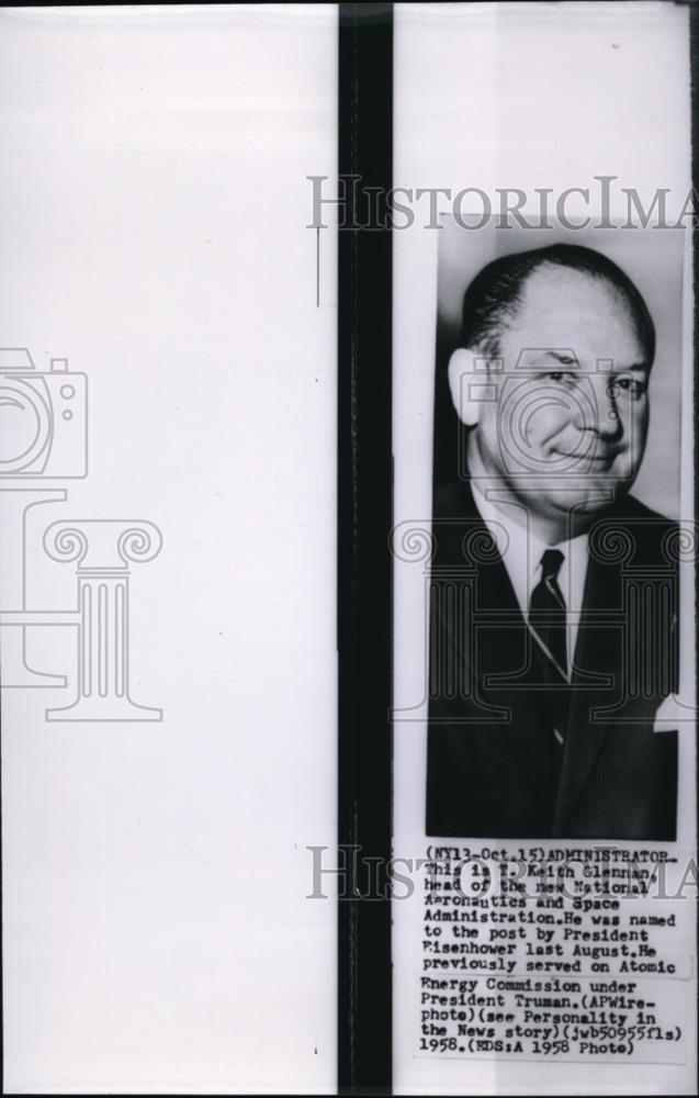 1958 Press Photo T. Keith Glennan, head of National Aeronotics and Space Admin. - Historic Images