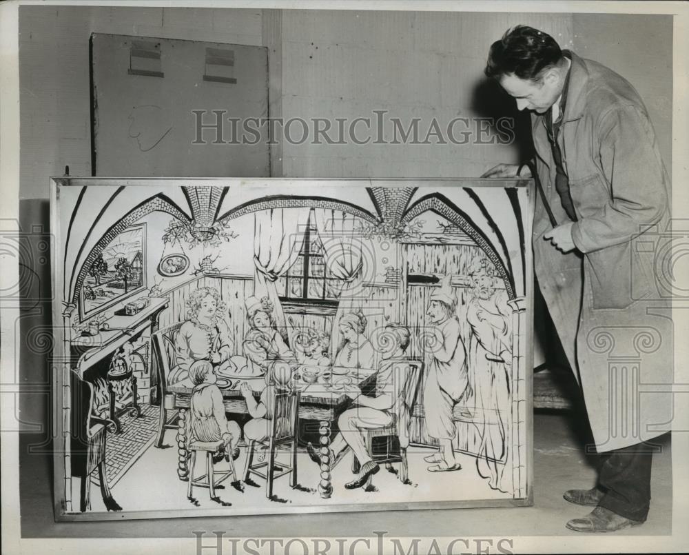 1938 Press Photo Aide looks over Diorama painted by Walter Favreau NYC - Historic Images