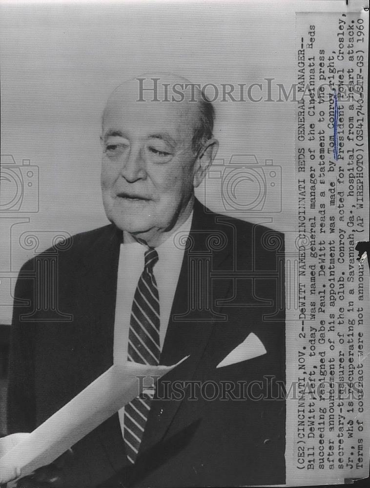 1960 Press Photo Bill DeWitt was named general manager of the Cincinnati Reds - Historic Images