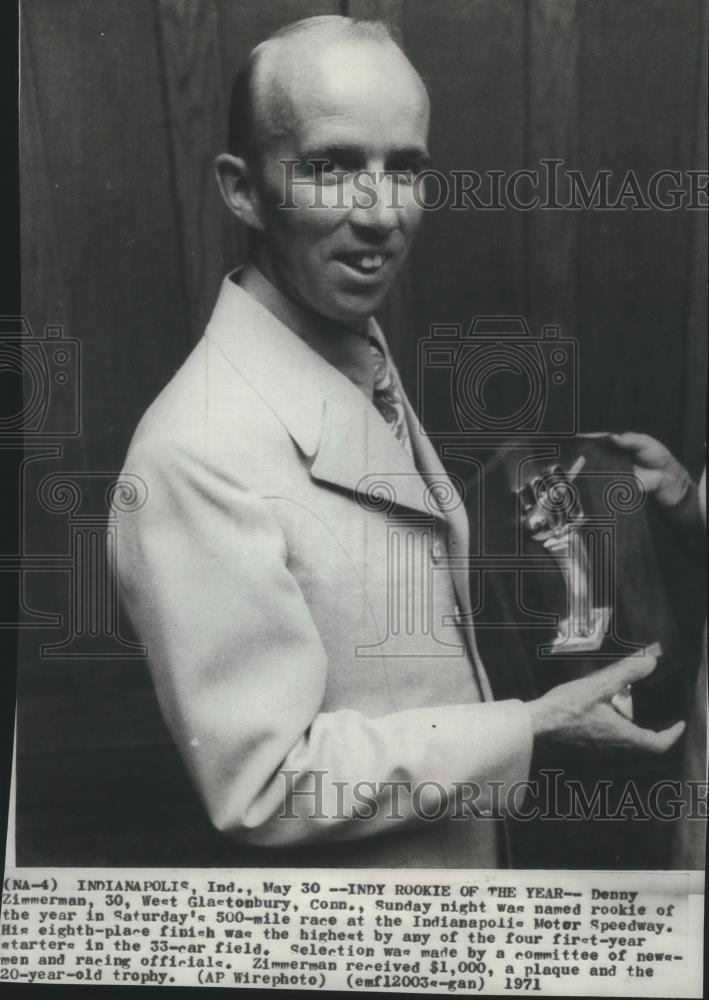 1971 Press Photo Denny Zimmerman named rookie of the year, Indi. Motor Speedway - Historic Images