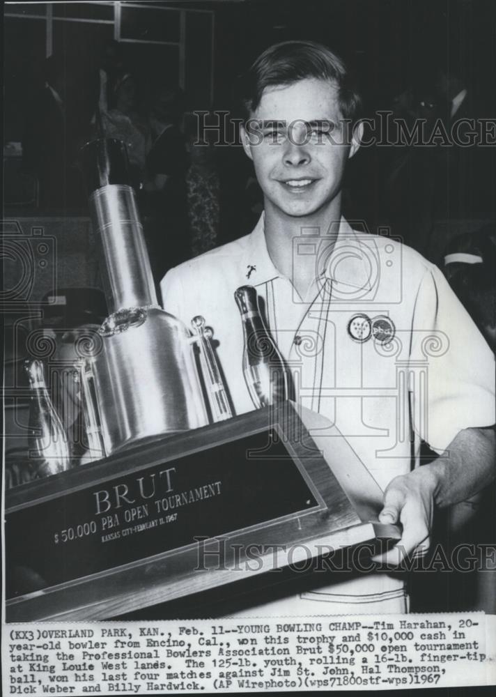 1967 Press Photo Young bowling champ, Tim Harahan, with BRUT trophy - sps04097 - Historic Images