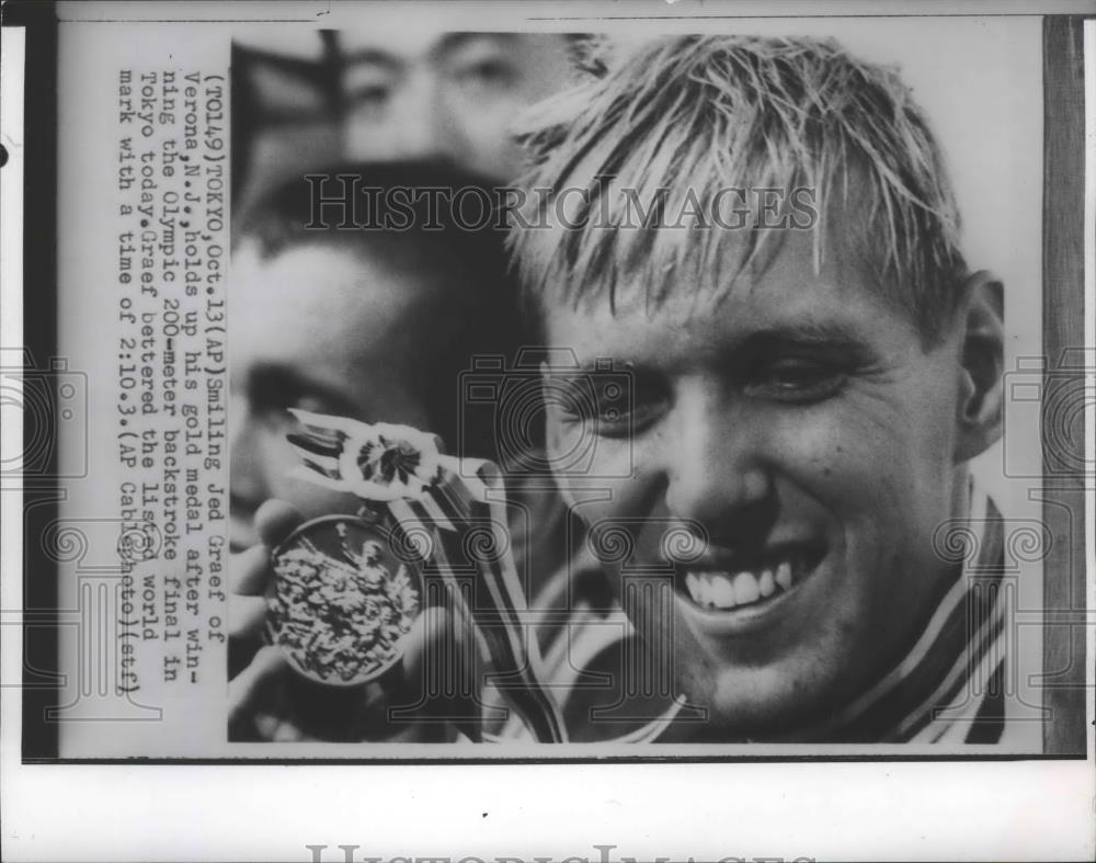 1964 Press Photo Jed Graef-Verona, New Jersey Swimmer With Olympic Gold Medal - Historic Images