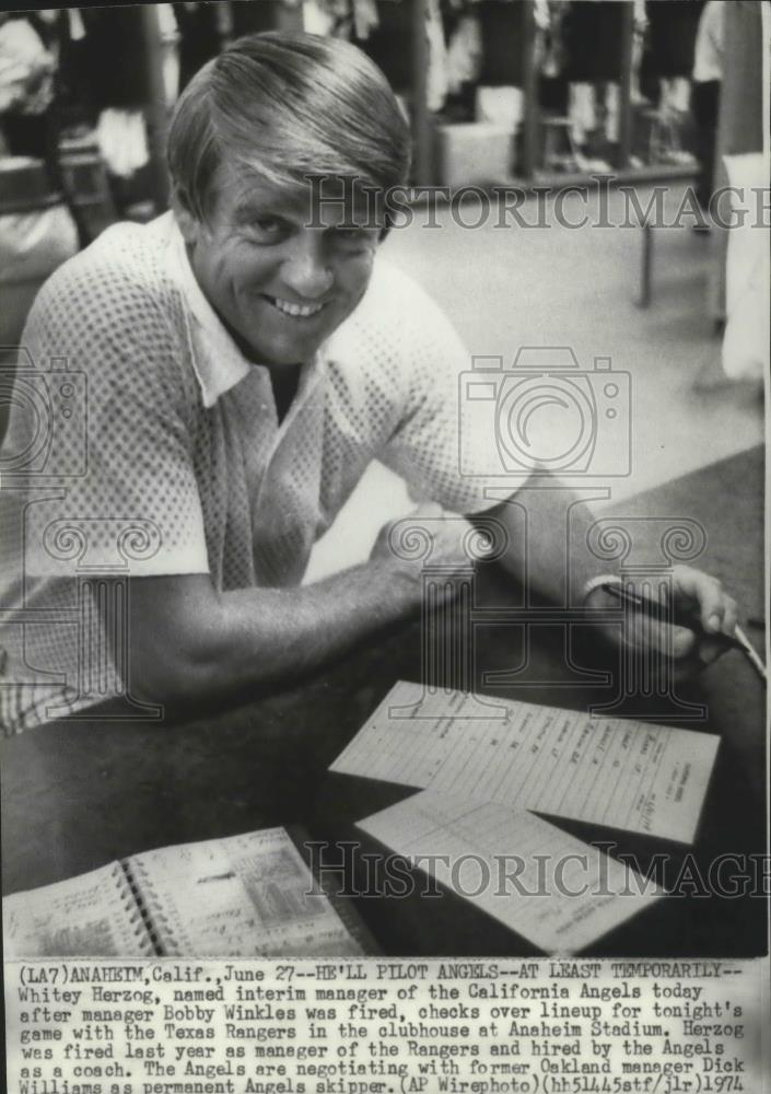 1974 Press Photo Whitey Herzog, named interim manager of the California Angels - Historic Images