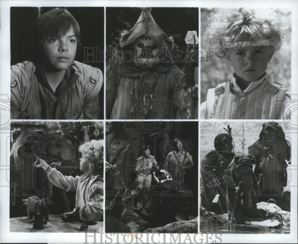 1984 Press Photo Eric Walker, Aubree Miller & Warwick Davis in Ewok Adventures. - Historic Images