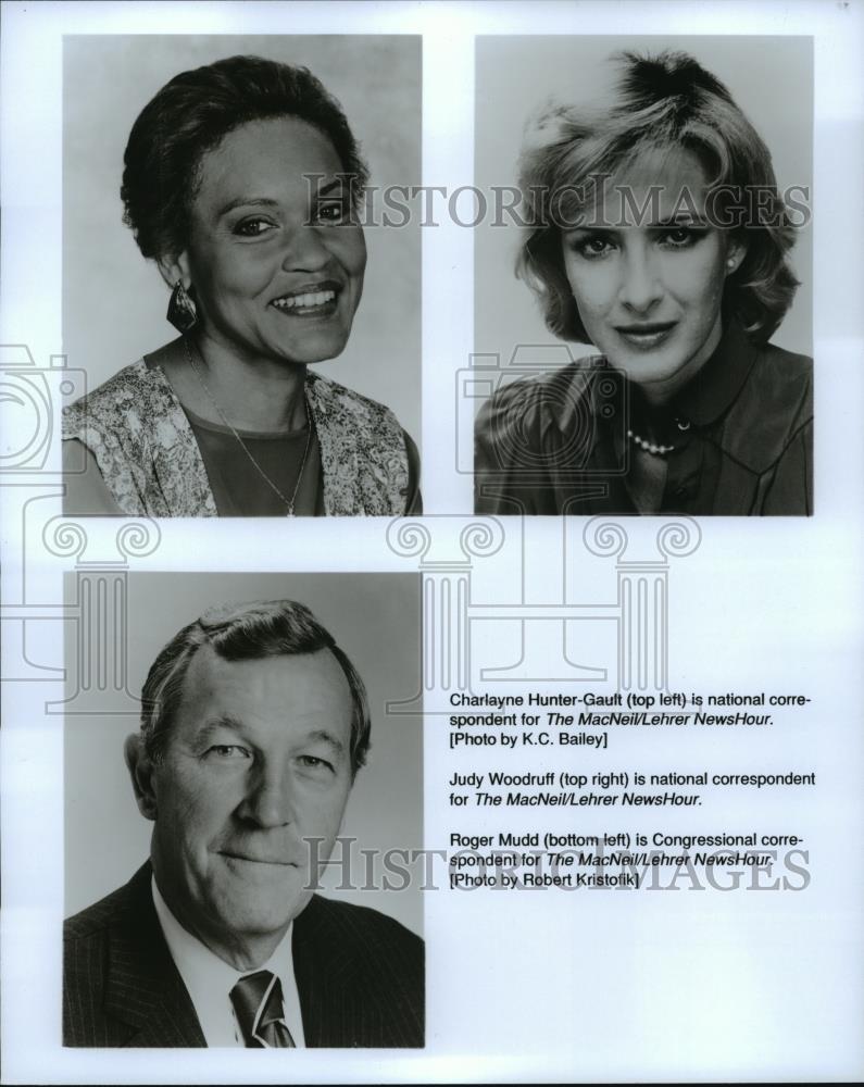 1990 Press Photo Judy Woodruff &amp; Roger Mudd on MacNeil/Lehrer NewsHour. - Historic Images