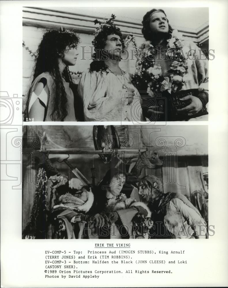 1989 Press Photo Imogen Stubbs, Terry Jones & Tim Robbins in Erik the Viking. - Historic Images