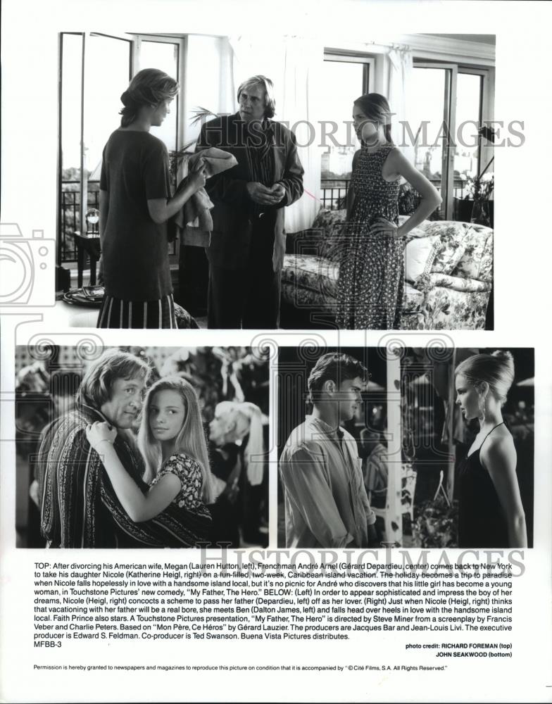 1994 Press Photo Lauren Hutton & Gerard Depardieu in My Father, The Hero. - Historic Images
