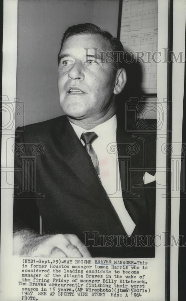 1964 Press Photo Former Houston baseball manager Lumen Harris - sps05548 - Historic Images