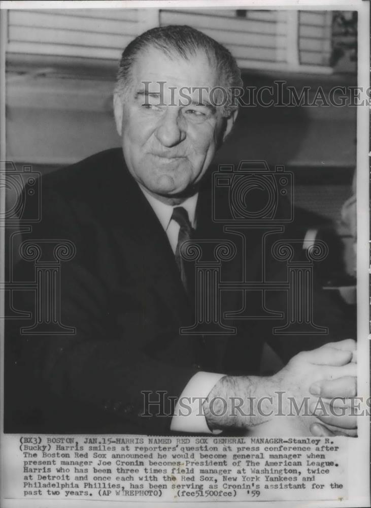 1959 Press Photo Stanley R. (Bucky) Harris, general manager of Boston Red Sox - Historic Images