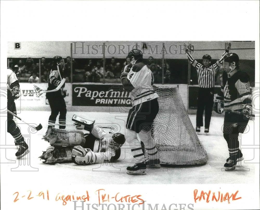 1991 Press Photo Chiefs&#39; goalie Scott Bailey in Memorial Cup championship - Historic Images