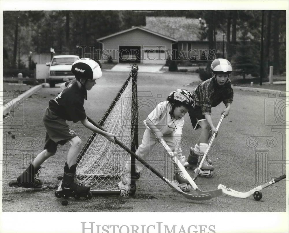 1993 Press Photo Ted Johnson defends the goal during street hockey, Gieneden - Historic Images