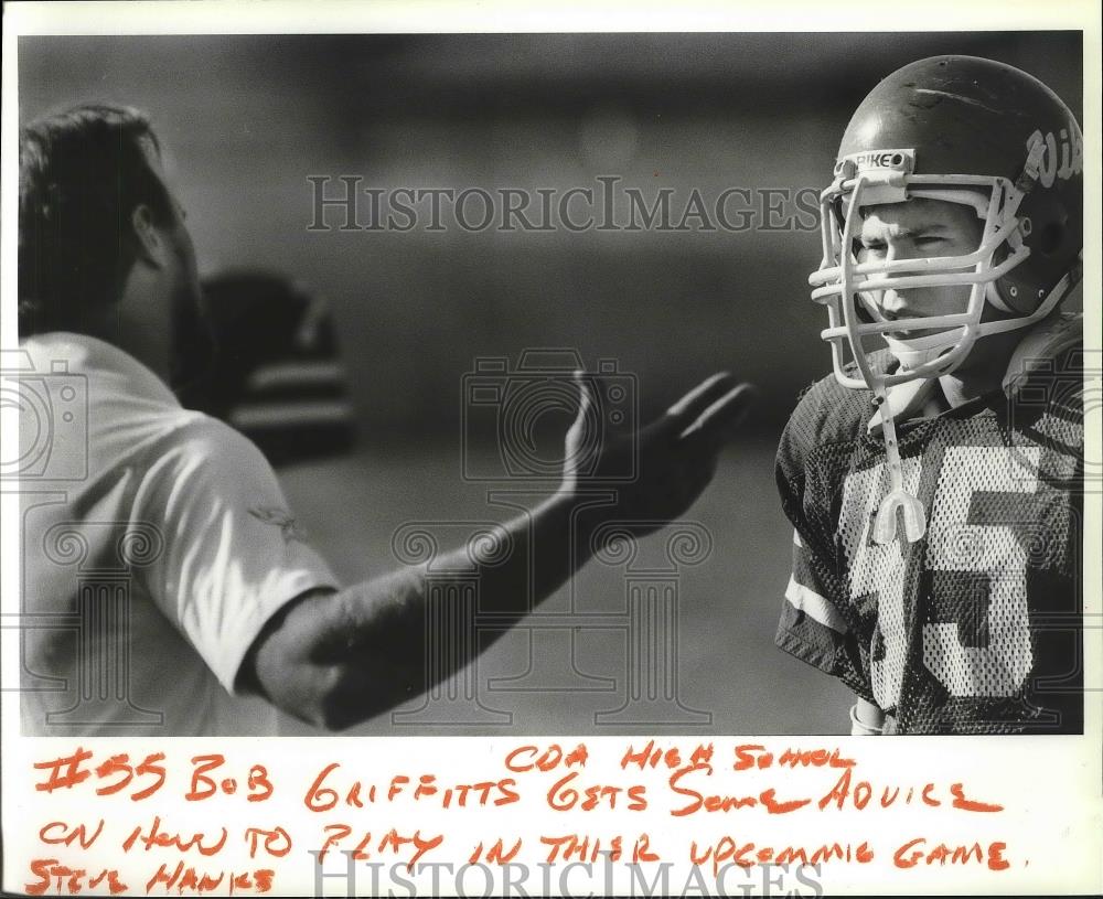 1986 Press Photo CDA High School football player Bob Friggitts gets some advice - Historic Images