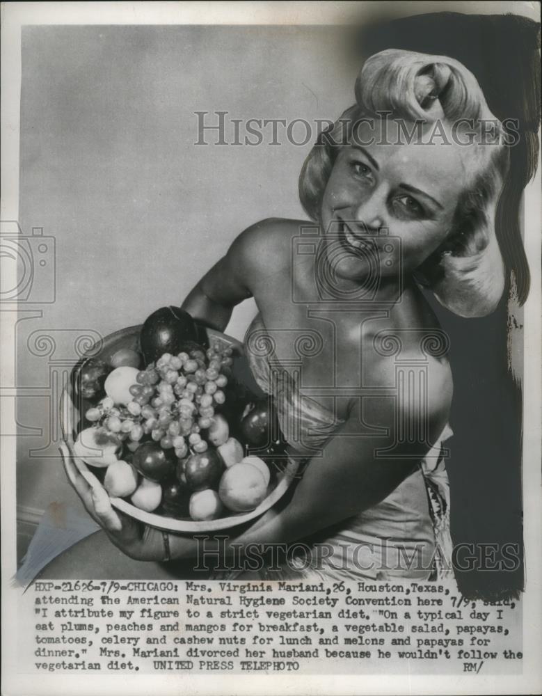 1954 Press Photo Mrs. Virginia Mariani divorces husband for not being vegetarian - Historic Images