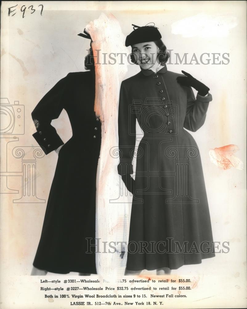 1951 Press Photo Caot styles in virgin wool broadcloth on models - neo15085 - Historic Images