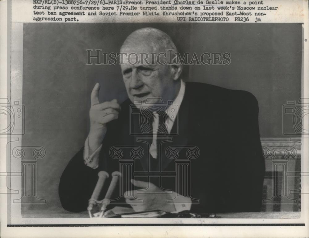 1963 Press Photo French Pres Charles de Gaulle Disapproves Moscow Nuclear Ban - Historic Images