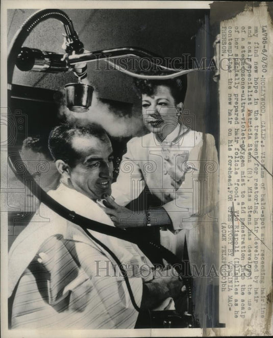 1950 Press Photo Hair specialist Patricia Stenz & Vic Rispoli getting treated - Historic Images