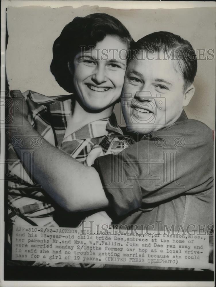 1952 Press Photo John Manning, 25, of Jackson, MS & His 13-year-old Bride Dee - Historic Images