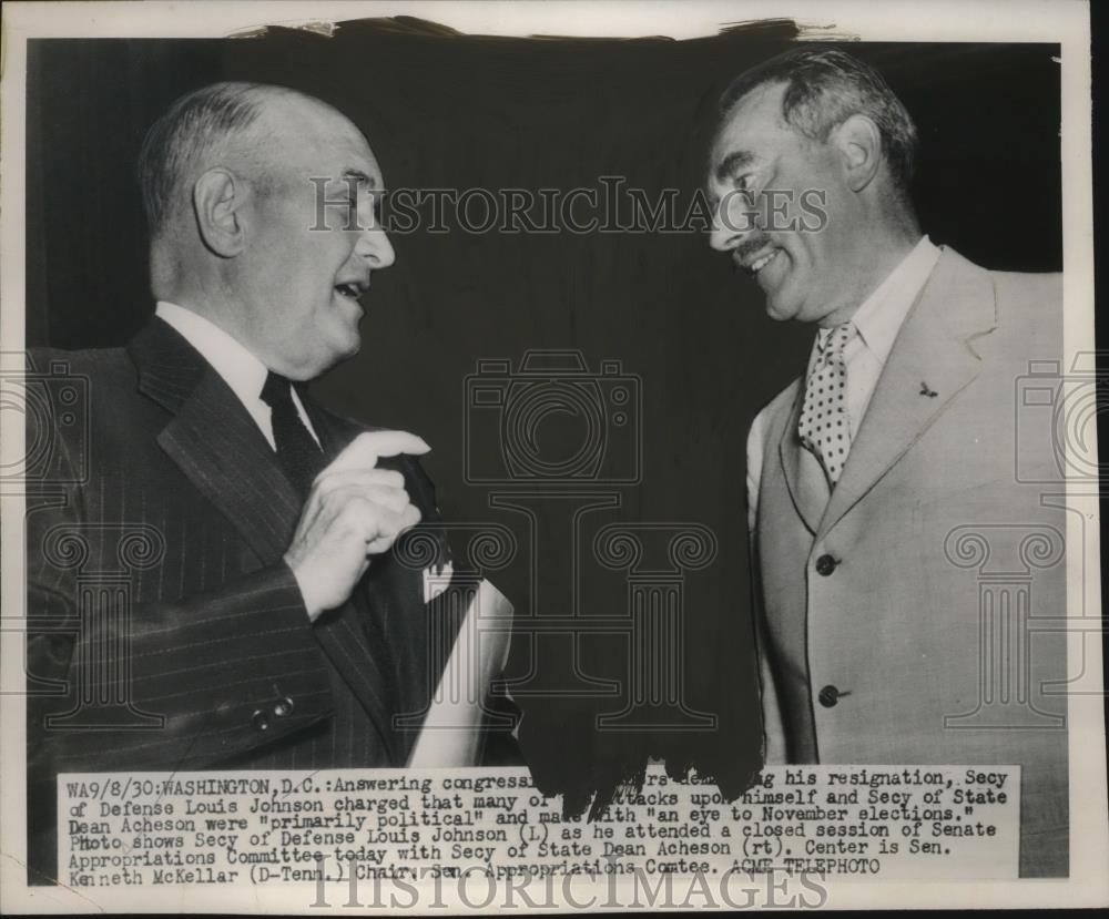 1950 Press Photo Defense Sec Louis Johnson Explains Resignation to Congressman - Historic Images