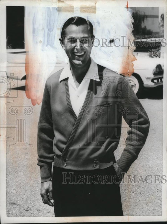 1957 Press Photo Flannel cardigan for men modeled  - neo24507 - Historic Images
