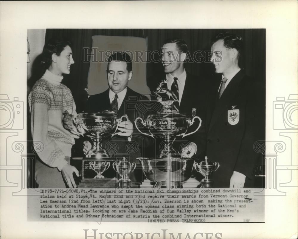 1952 Press Photo National Ski Championships Winners with governor Lee Emerson - Historic Images