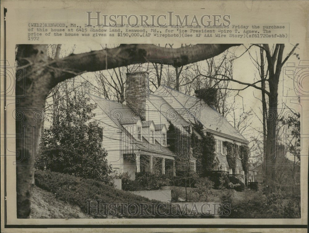 1972 Press Photo Vice Pres Spiro Agnew house Kenwood MD - Historic Images