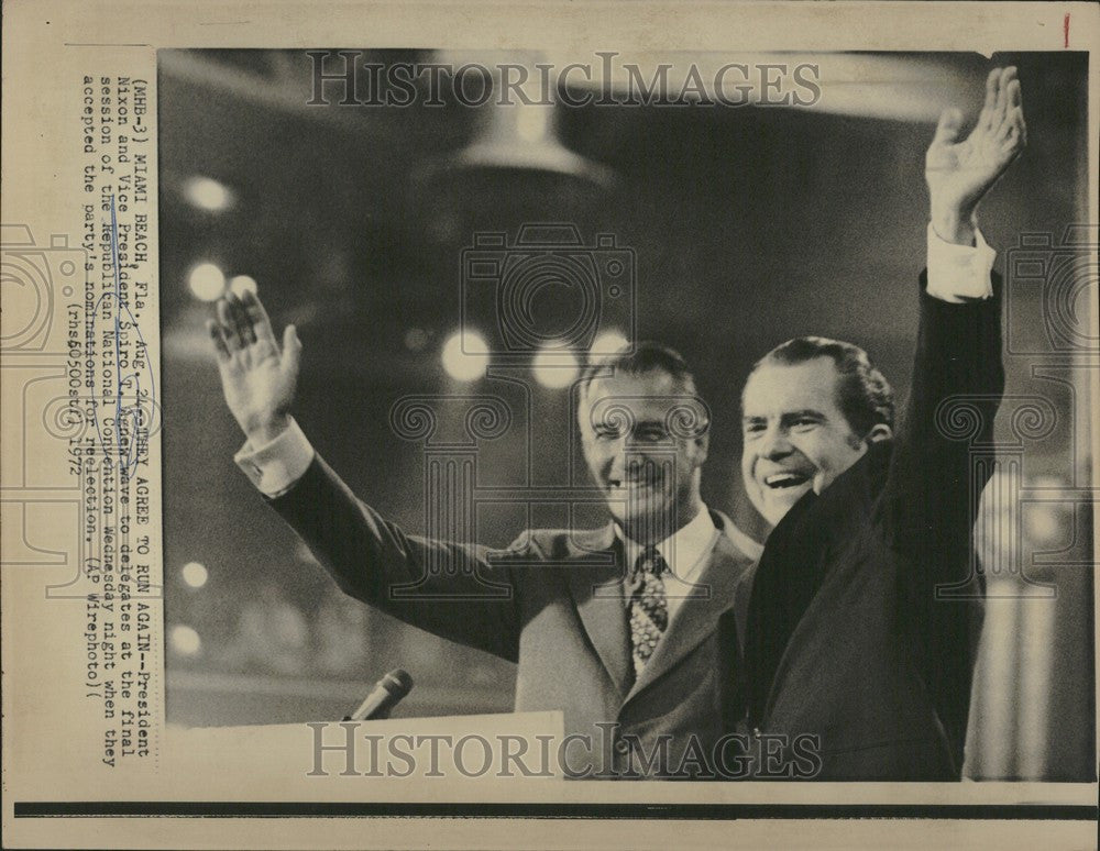 1972 Press Photo Richard Nixon Spiro Agnew Convention - Historic Images