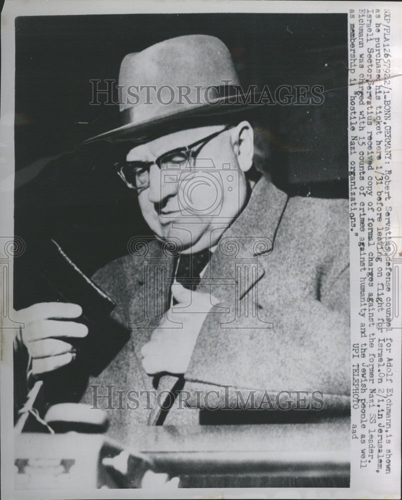 1961 Press Photo Robert Servatius lawyer Nazi crimes - Historic Images