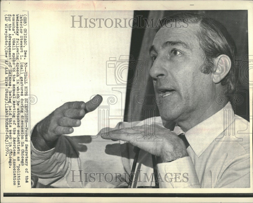 1970 Press Photo Stewart L. Udall Attacks Scientists - Historic Images