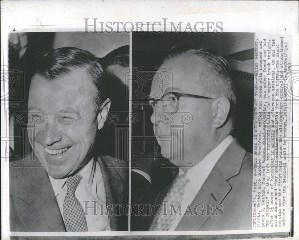 1958 Press Photo Walter Reuther UAW Lewis G. Seaton GM - Historic Images