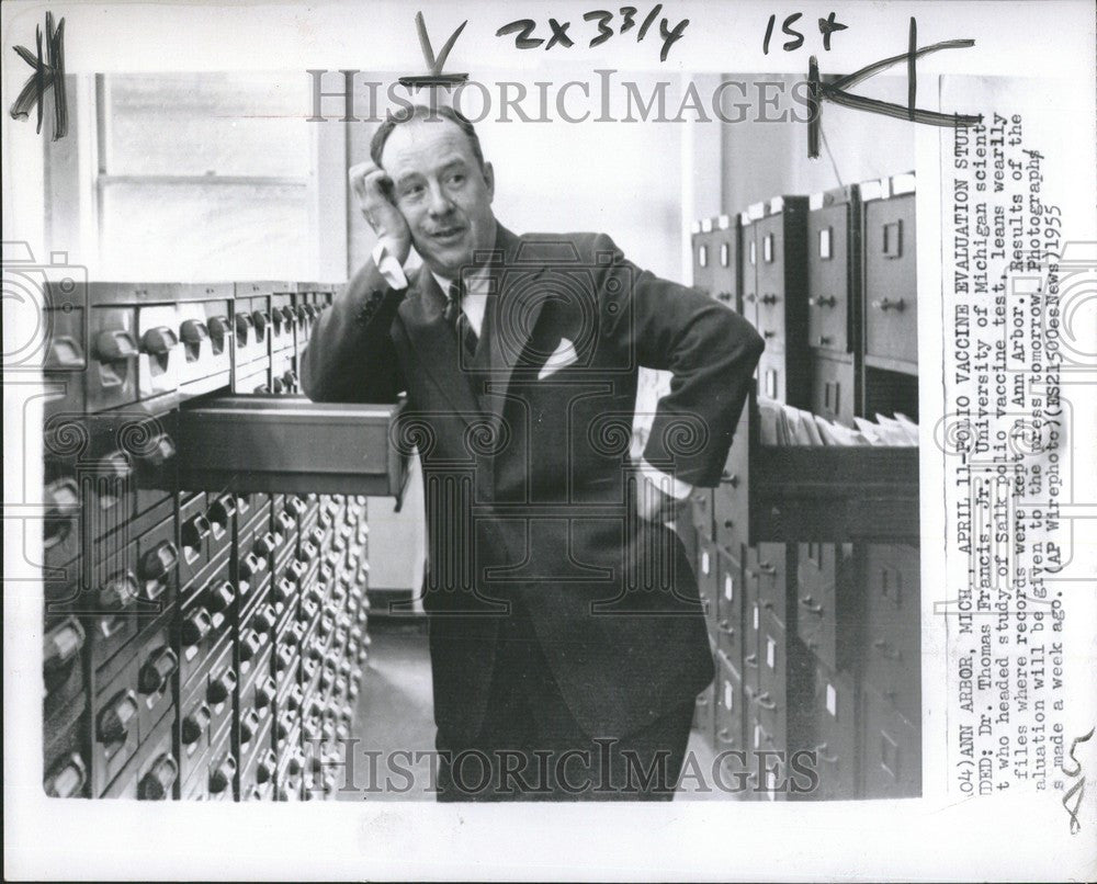 1955 Press Photo Dr. Thomas Francis Jr. polio vaccine - Historic Images