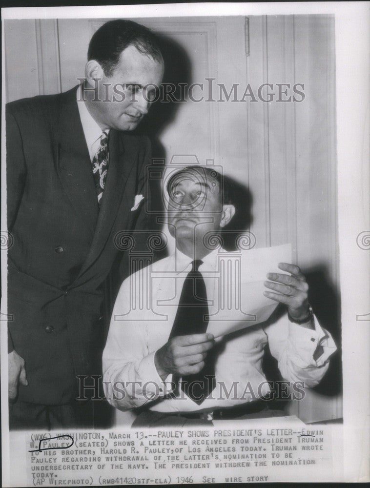 1946 Press Photo Edwin W Pauley nomination withdrawal - Historic Images