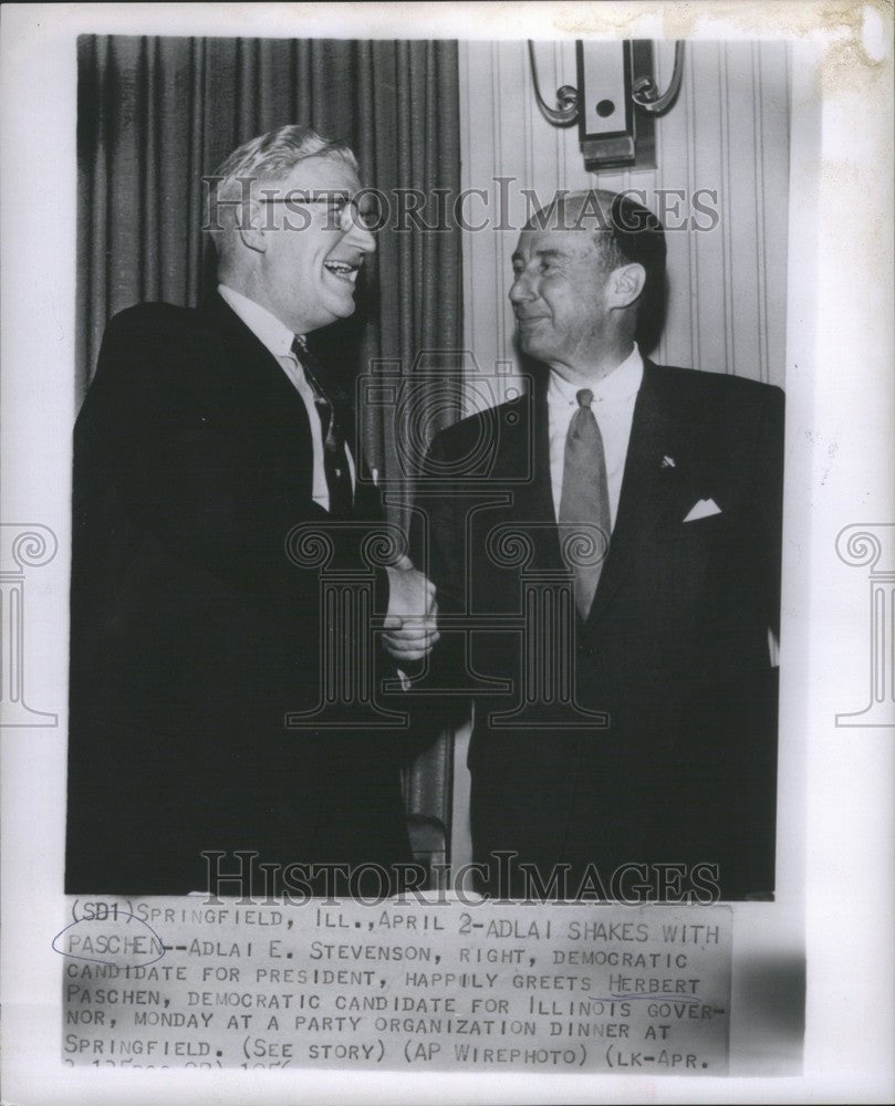 1956 Press Photo Adlai Stevenson Herbert Paschen shake - Historic Images