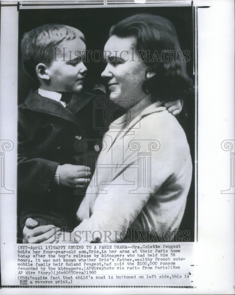 1960 Press Photo Mrs Colette Peugeot son Eric reunion - Historic Images