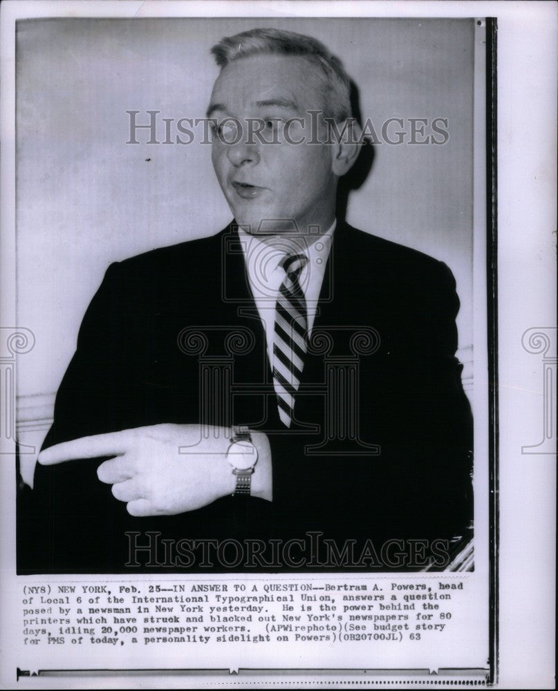 1963 Press Photo Bertram A powers Local 6 ITU union - Historic Images