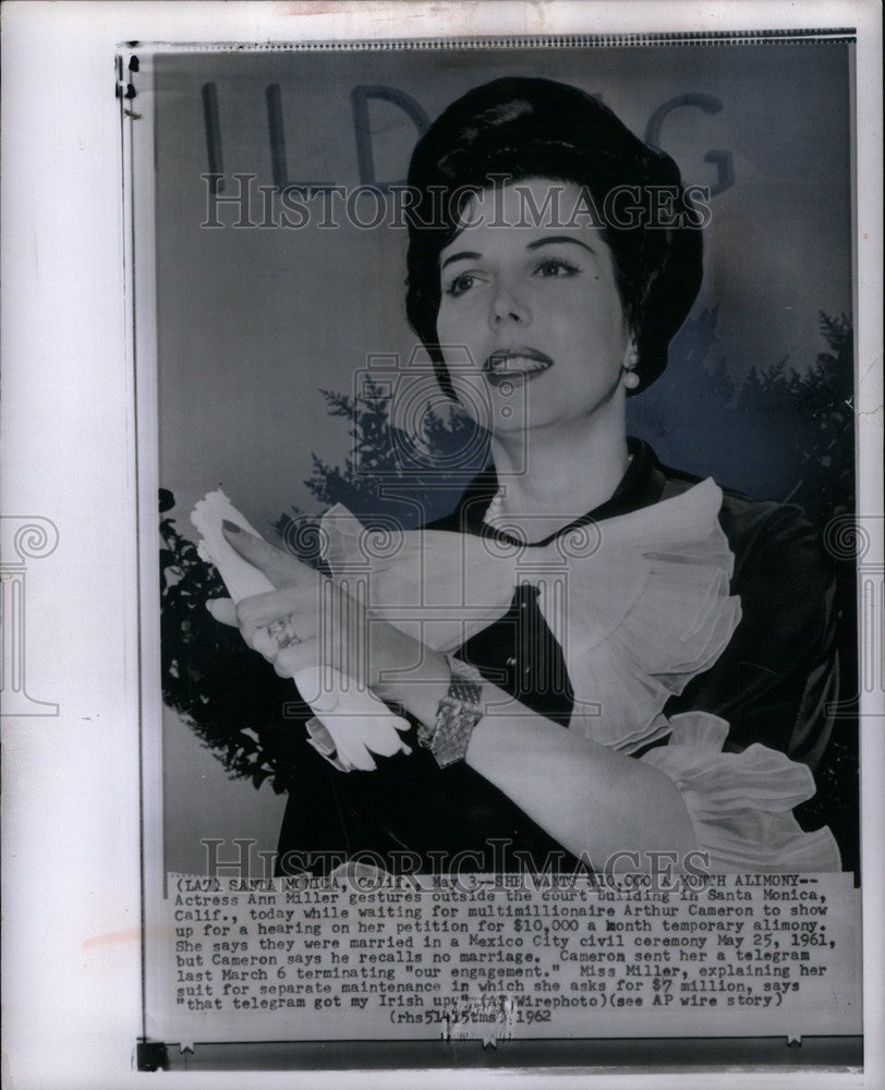 1962 Press Photo Actress Ann Miller alimony A Cameron - Historic Images