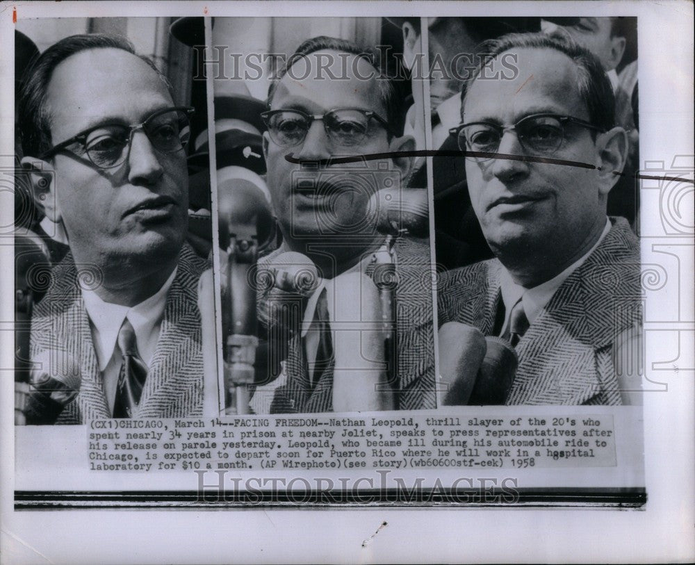 1958 Press Photo Nathan Leopold paroled Joliet prosion - Historic Images