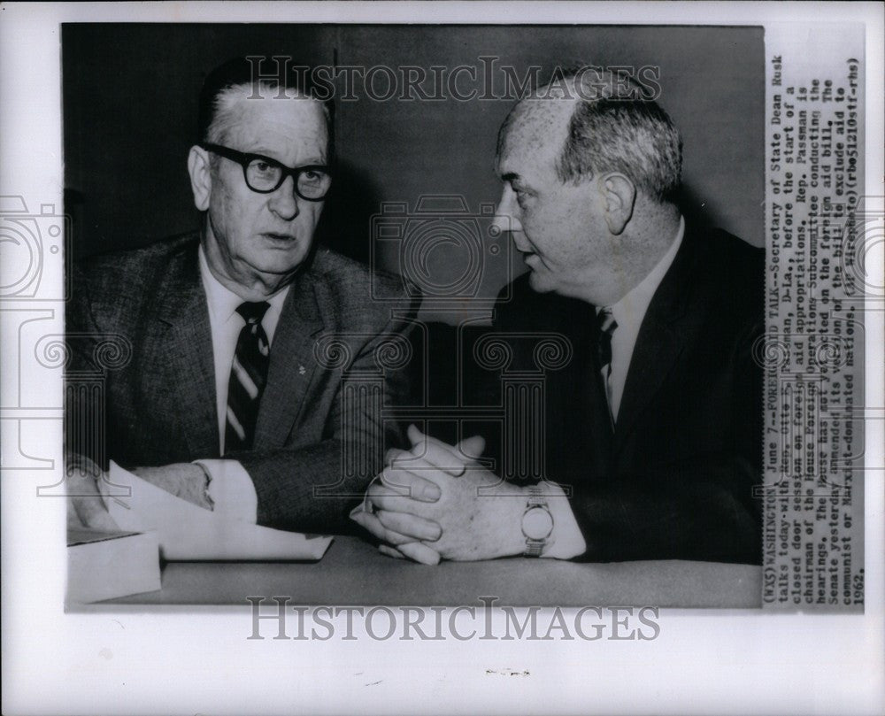 1962 Press Photo Dean Rusk Otto Passman Foreign Aid - Historic Images