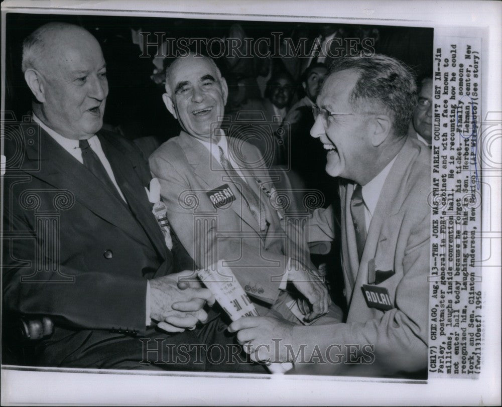 1956 Press Photo Jim Farley Sen. Herbert Lehman Joke - Historic Images