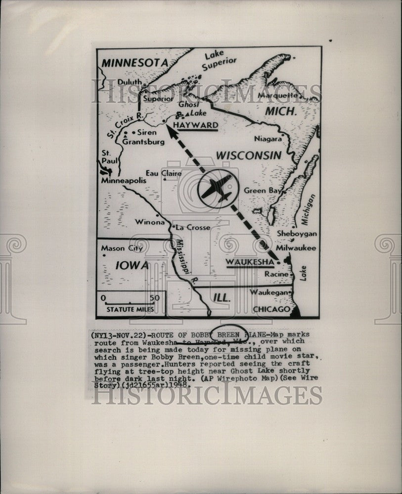 1948 Press Photo Bobby Breen Plane route map - Historic Images