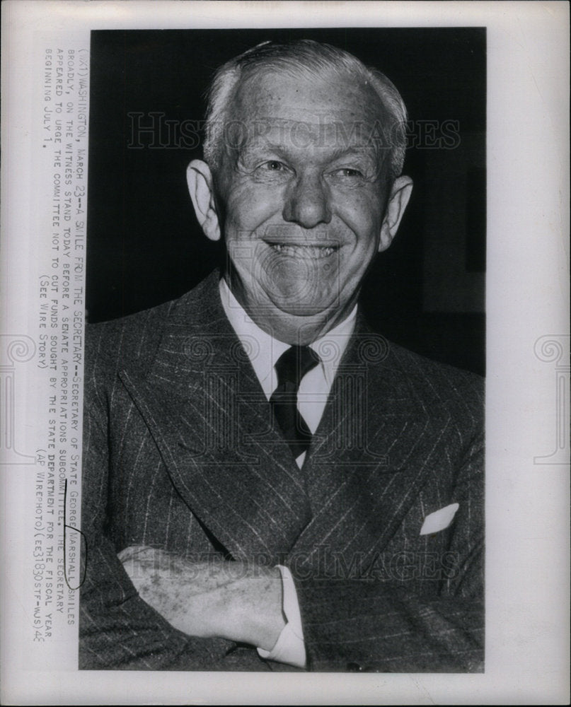 1948 Press Photo STATE GEORGE MARSHALL SECRETARY SMILE - Historic Images