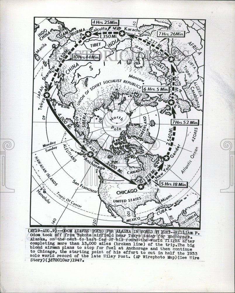 1947 Press Photo William Odom solo world flight record - Historic Images