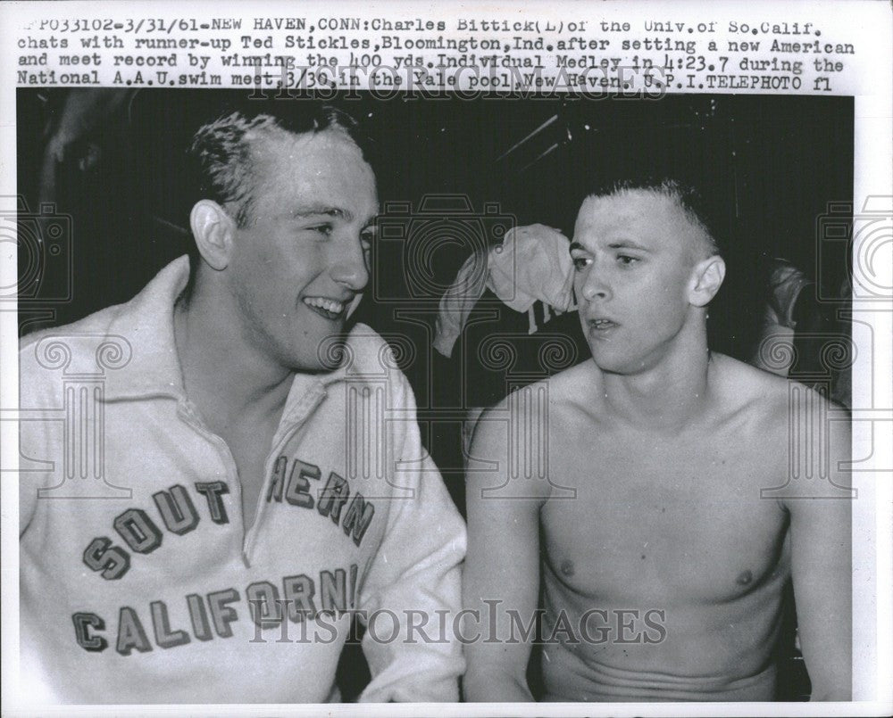 1961 Press Photo Charles Bittick Ted Stickles Swim Meet - Historic Images