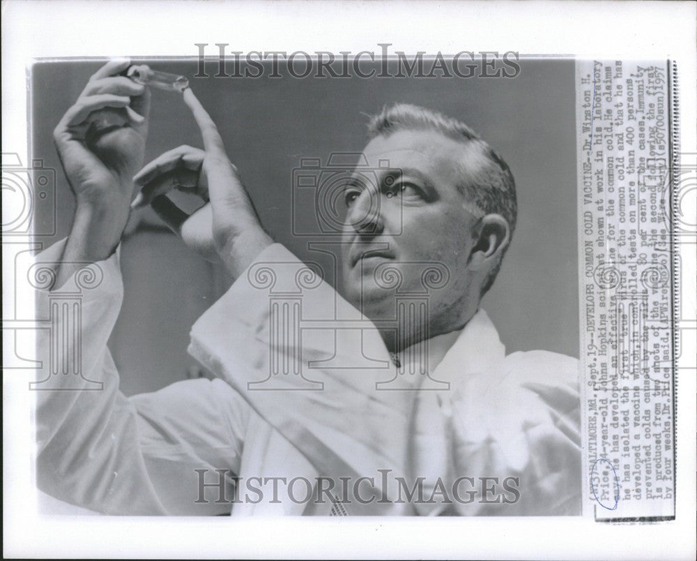 1957 Press Photo Dr Winston Price common cold vaccine - Historic Images