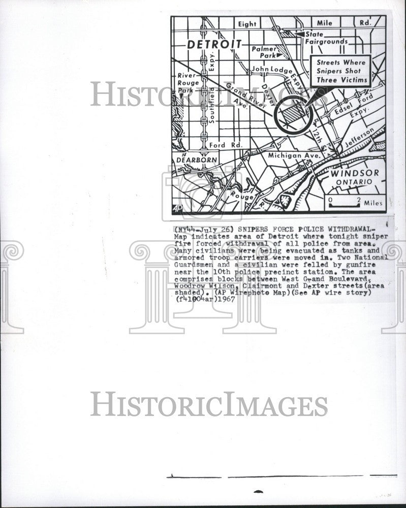 1967 Press Photo map snipers police withdrawal Detroit - Historic Images