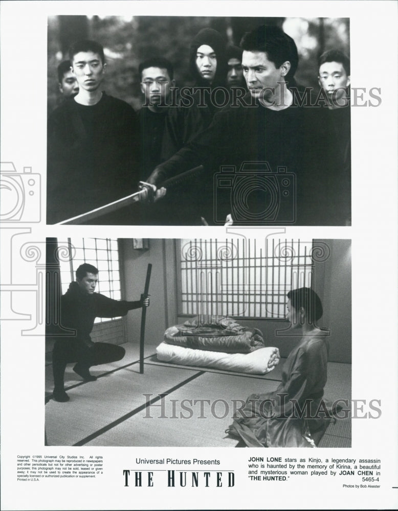 1995 Press Photo John Lone and Joan Chen in the film, The Hunted - Historic Images
