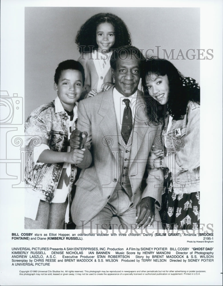 1990 Press Photo Bill Cosby, Salim Grant, Brooke Fontaine in Ghost Dad - Historic Images