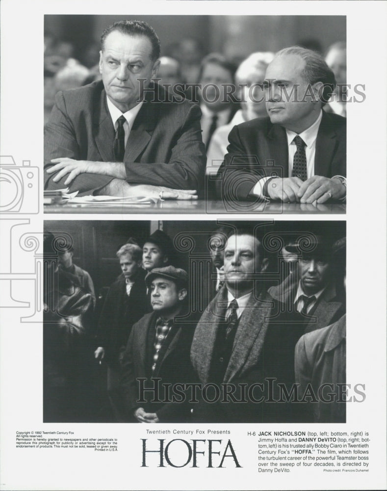 1992 Press Photo Actor Jack Nicholson, Danny DeVito in "Hoffa" Film Stills - Historic Images