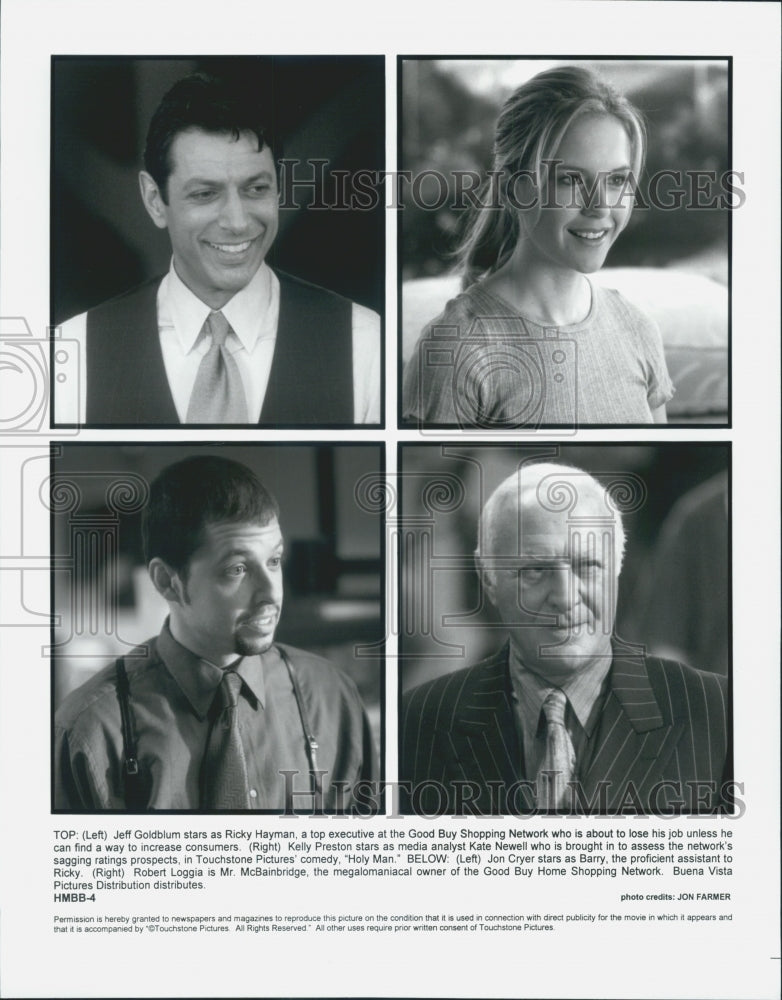 1998 Press Photo Jeff Goldblum, Kelly Preston, Jon Cryer, Robert Loggia Holy Man - Historic Images