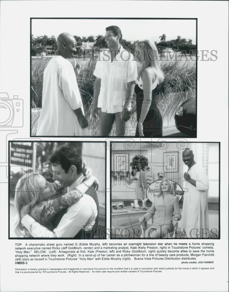 1998 Press Photo Eddie Murphy, Jeff Goldblum, Kelly Preston in &quot;Holy Man&quot; Film - Historic Images